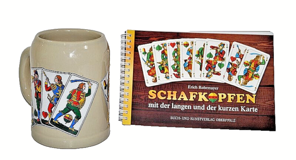 Bierkrug , Motiv Schafkopf,Größe 0,5 ltr.und Buch "Lerne Schafkopfen"