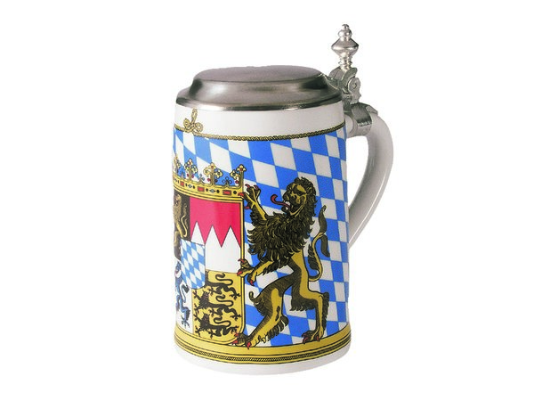 Bierkrug mit Flachdeckel aus Zinn, Größe 0,63 ltr. mit Bayernwappen, Orginal Seltmann Weiden.