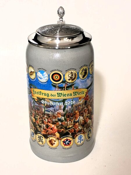 Bierkrug Wiesenwirte mit Zinndeckel, Oktoberfest 2026, Limitierte Auflage, Größe 1 Liter