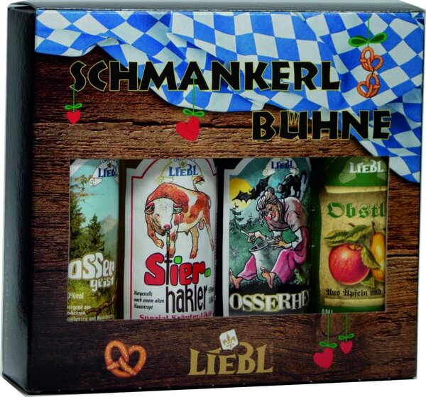 Liebl,Schmankerlbühne mit 4 Sorten 0,04l Bayerwaldschnäpse, Variante 2