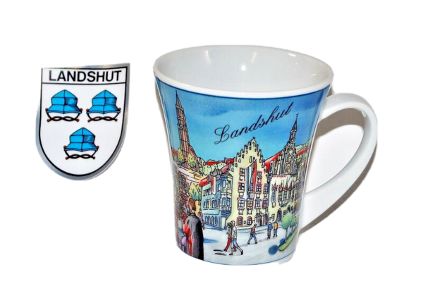 Landshut, Tasse Stadtansicht, plus Aufkleber Landshut Stadtwappen