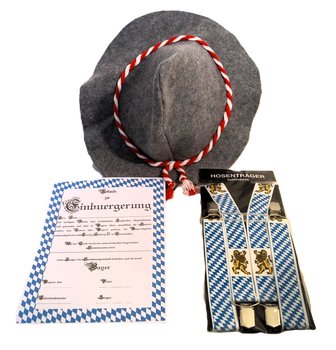 Einbürgerungs Set für Zuagroaste, Einbürgerungsurkunde, Filzhut ,und Hosenträger.
